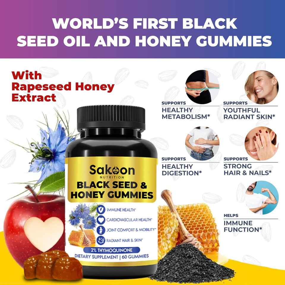 Sakoon Nutrition Black Seed Oil Gummies With Honey And W/ 2%+ Thymoquinone - Nigella Sativa Seeds - Super Antioxidant For Immune Support, Joints, Digestion, Hair & Skin - 60 Gummies Sakoon Nutrition Black Seed Oil Gummies With Honey And W/ 2%+ Thymoquinone - Nigella Sativa Seeds - Super Antioxidant For Immune Support, Joints, Digestion, Hair & Skin - 60 Gummies