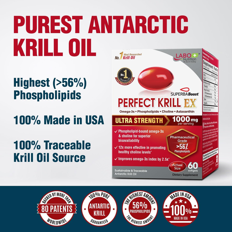 Labo Nutrition Perfect Krill Ex, 1000Mg Antarctic Krill Oil Omega 3 Epa Dha, Highest Phospholipids (Over 56%) With Choline, Astaxanthin | Heart Brain Eye Joint Health, Made In Usa, 60 Softgelsx2