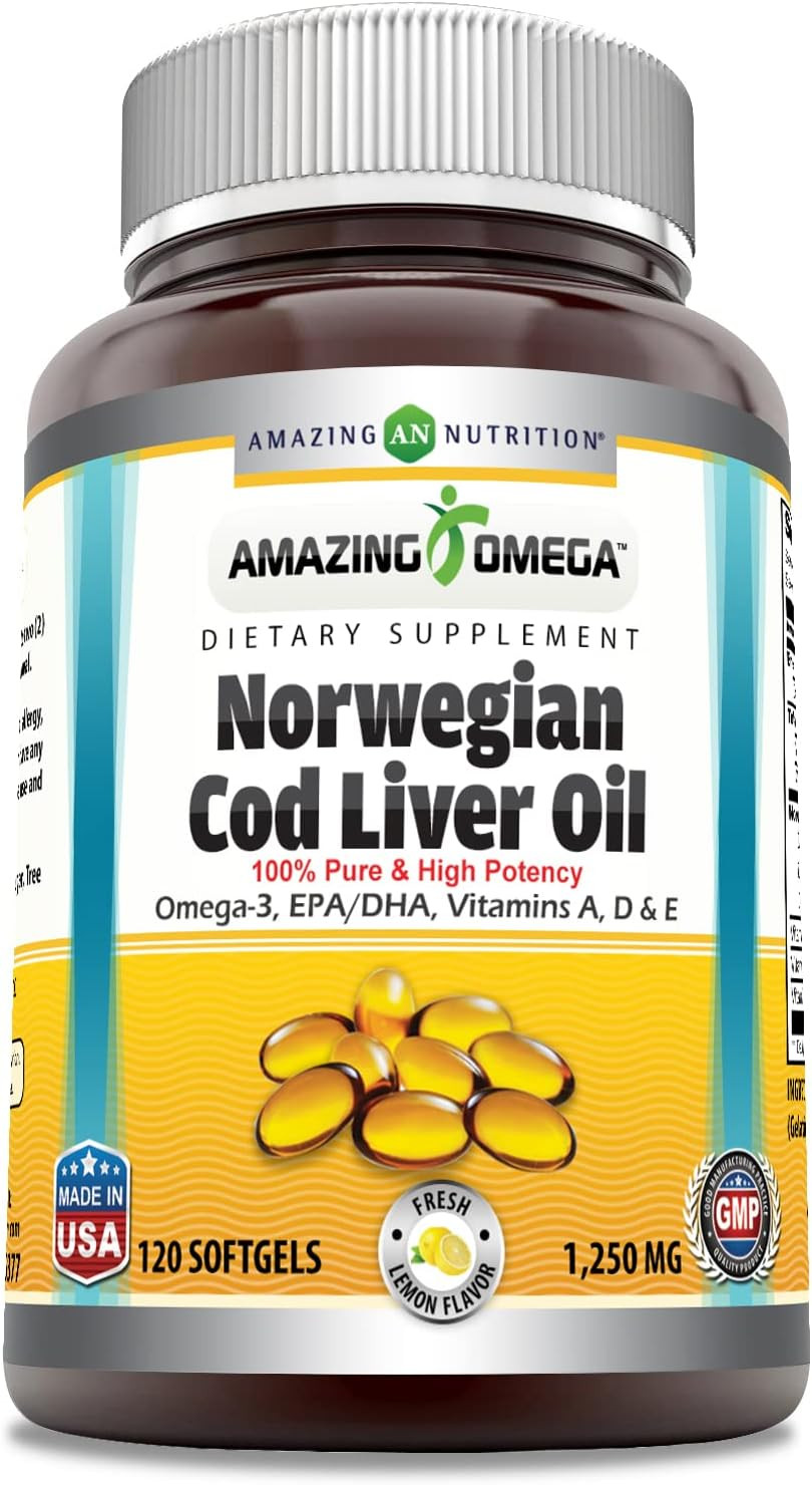 Amazing Omega Norwegian Cod Liver Oil 1250 Mg 120 Softgels Supplement (Fresh Orange Flavor)