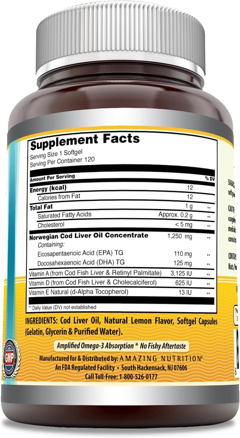 Amazing Omega Norwegian Cod Liver Oil 1250 Mg 120 Softgels Supplement (Fresh Orange Flavor)