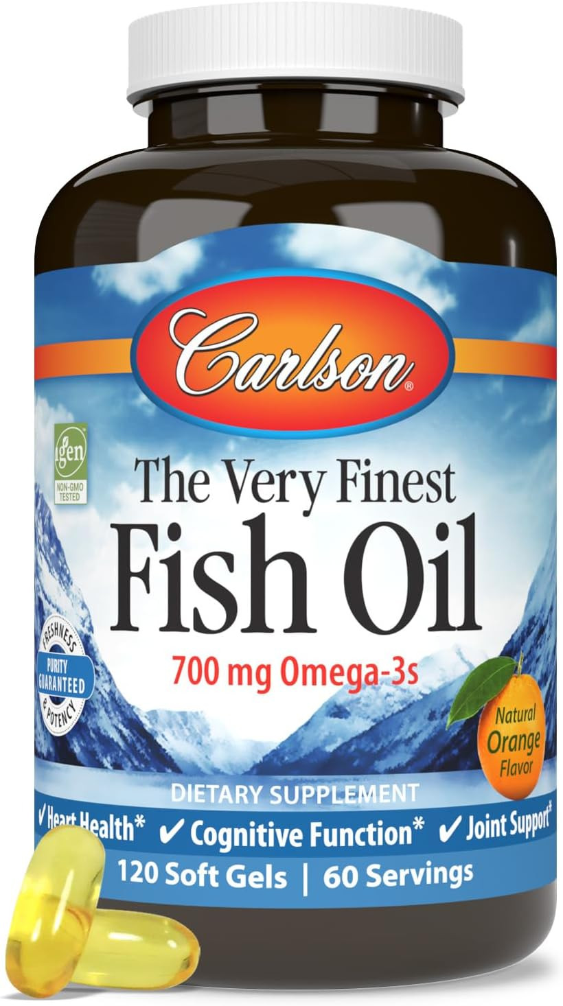 Carlson - The Very Finest Fish Oil, 700 Mg Omega-3S, Norwegian Fish Oil Supplement, Wild Caught Omega 3 Fish Oil, Sustainably Sourced Fish Oil Capsules, Omega 3 Supplement, Orange, 120 Softgels