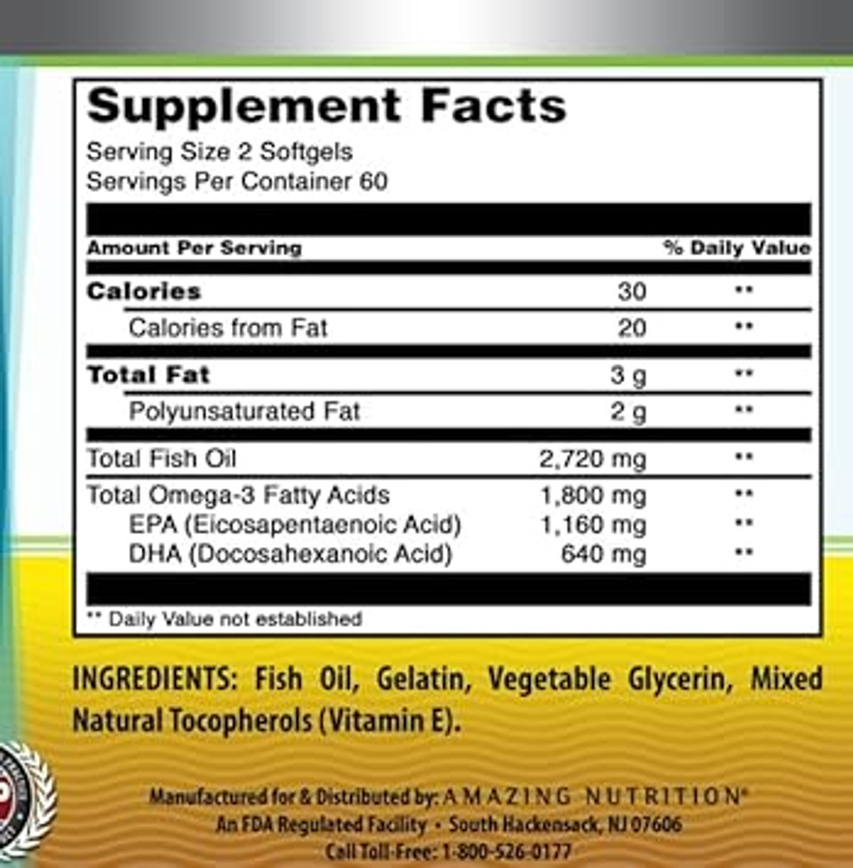 Amazing Omega Triple Strength Fish Oil (Omega-3, Epa/Dha) Supplement | 1360 Mg Per Serving | 120 Softgels | Non-Gmo | Gluten-Free | Made In Usa