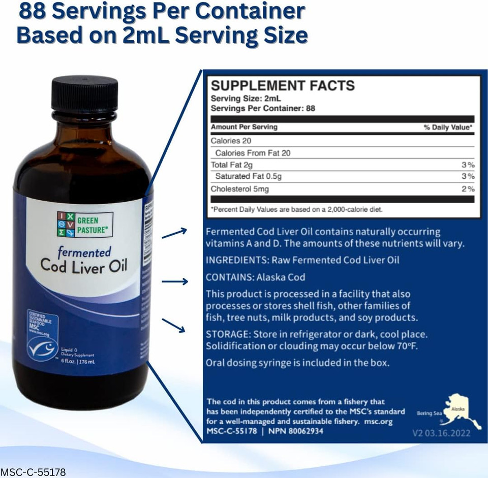 Green Pasture - Fermented Cod Liver Oil Liquid -6 Fl. Oz. - Unflavored