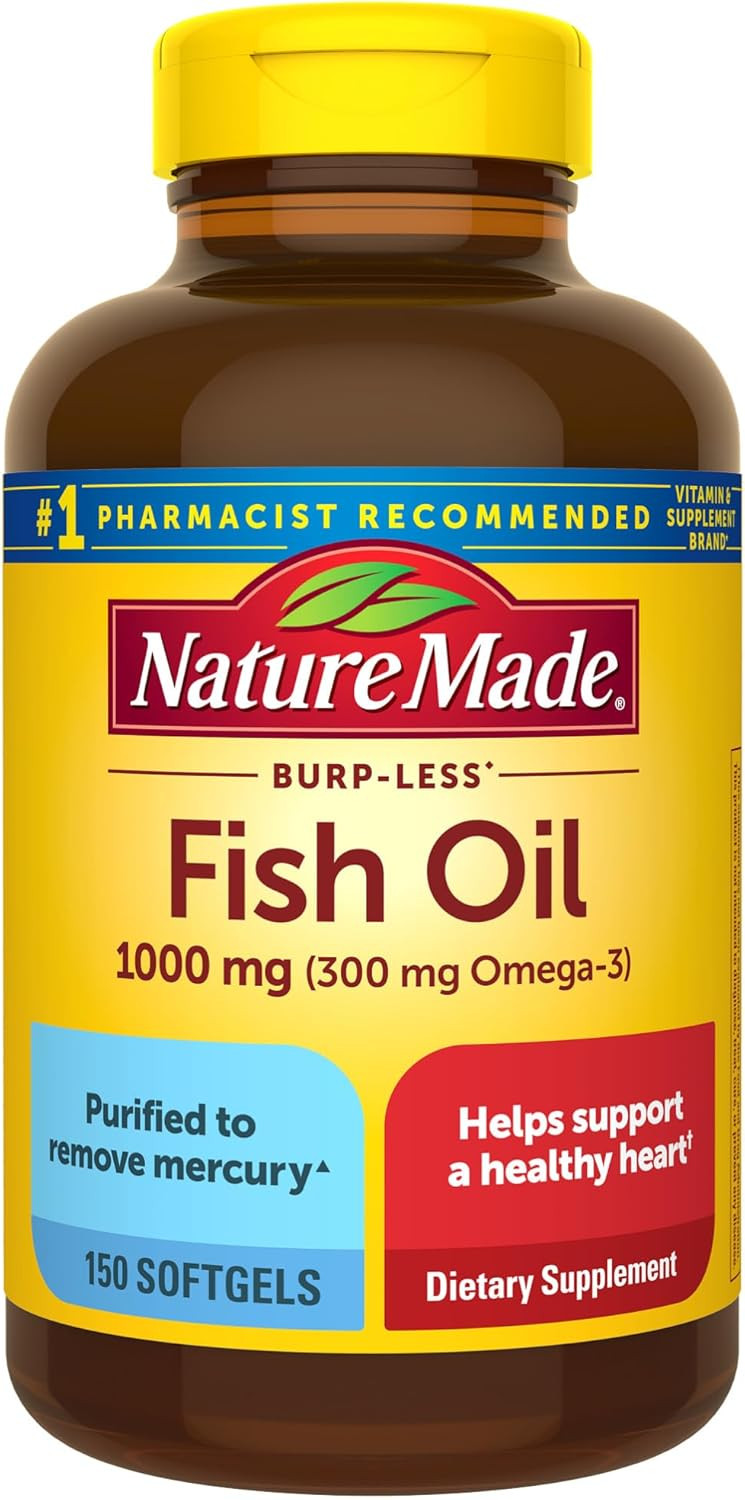 Nature Made Burp Less Fish Oil Omega 3 Supplements, 1000Mg Softgels, Omega 3 Fish Oil Supplements For Healthy Heart Support, 150 Softgels, 75 Day Supply