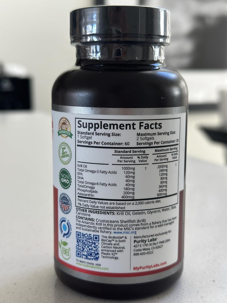 Purity Labs Antarctic Krill Oil 2000Mg Omega-3 With Astaxanthin 800Mcg Supplements To Support Memory- Rich In Omega 3, Fatty Acids, Dha, Epa & Phospholipids - 60 Softgels