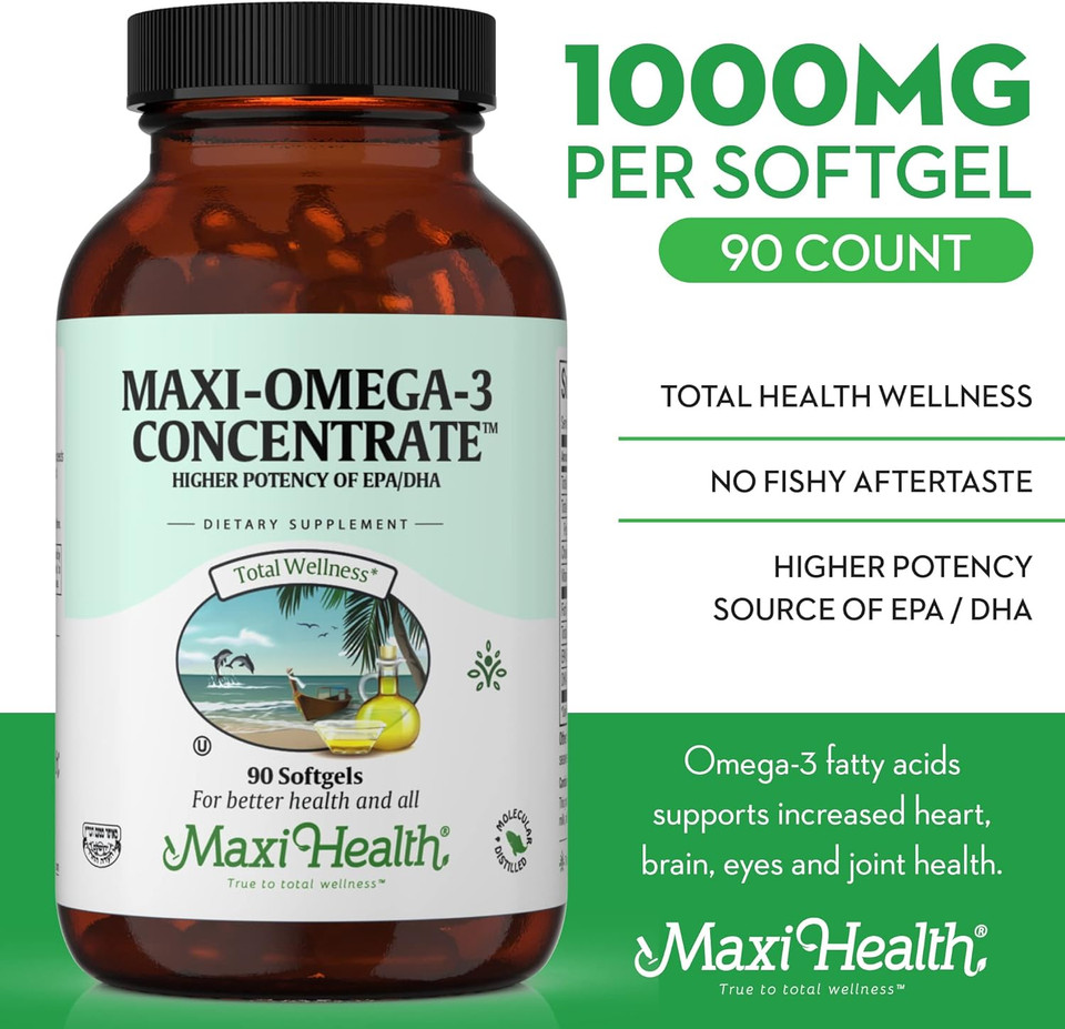 Maxi Health Omega 3 Supplement - Omega-3 Fish Oil Concentrate - Higher Potency Source Of Epa/Dha Fatty Acids - Heart, Brain & Joint Health - Kosher Certified Wild Caught Fish - 90 Vegetarian Softgels