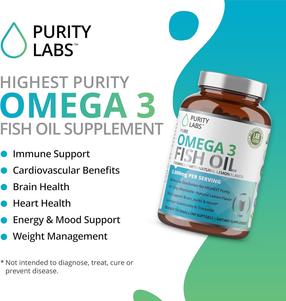 Purity Labs Omega 3 Fish Oil 3000Mg  Dha & Epa Omega 3 Fatty Acid Supplements To Support Heart And Brain Health - Immune Support Supplement - 180 Softgels (60 Servings)