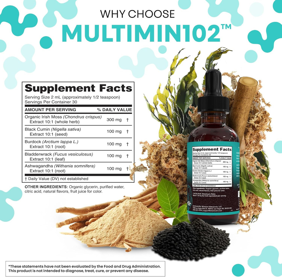 Clean Nutraceuticals Sea Moss Drops Supplement Liquid With Black Seed Oil Ashwagandha Burdock Root & Bladderwrack - Multimineral Organic Non-Gmo Vegan For Gut Heath Skin Immune Support Hair (2)