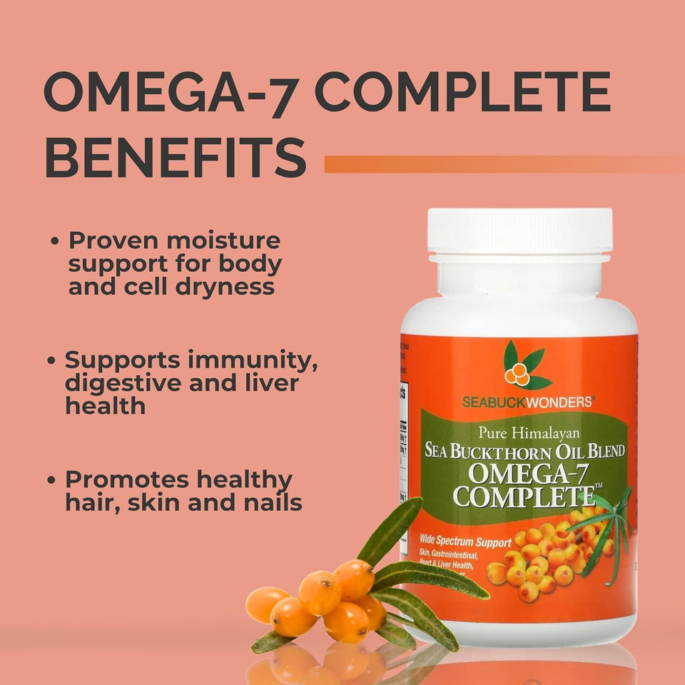 Organic Sea Buckthorn Oil, Omega-7 Complete Softgels, 60 Count, With Omega 3, 6 & 9, Supports Hair, Skin & Nail Health, 1000Mg Per Serving
