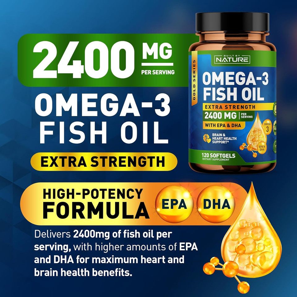 Built By Nature Omega 3 Fish Oil Soft Gels - 2400 Mg Fish Oil, 1440 Mg Omega 3, 864 Mg Epa, 576 Mg Dha - Extra Strength Brain & Heart Health Support Supplement - 120 Softgels