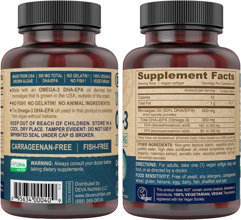 Deva Vegan Omega-3 Dha Epa Supplement Once-Per-Day Softgel 300 Mg - Carrageenan Gelatin & Gluten Free - Non-Fish Algae Oil Fatty Acids - 90 Softgels