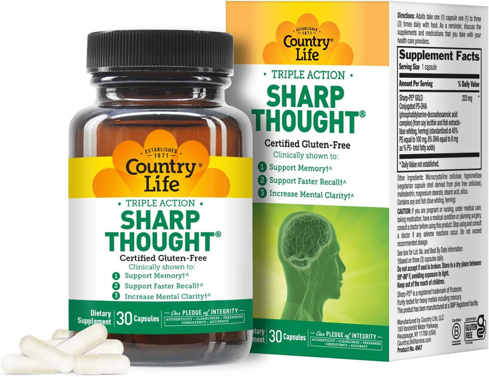 Country Life Sharp Thought - Memory & Cognitive Support Supplement  Sharp-Ps Gold Phosphatidylserine + Dha  Promotes Mental Clarity & Faster Recall  Gluten-Free, 30 Capsules