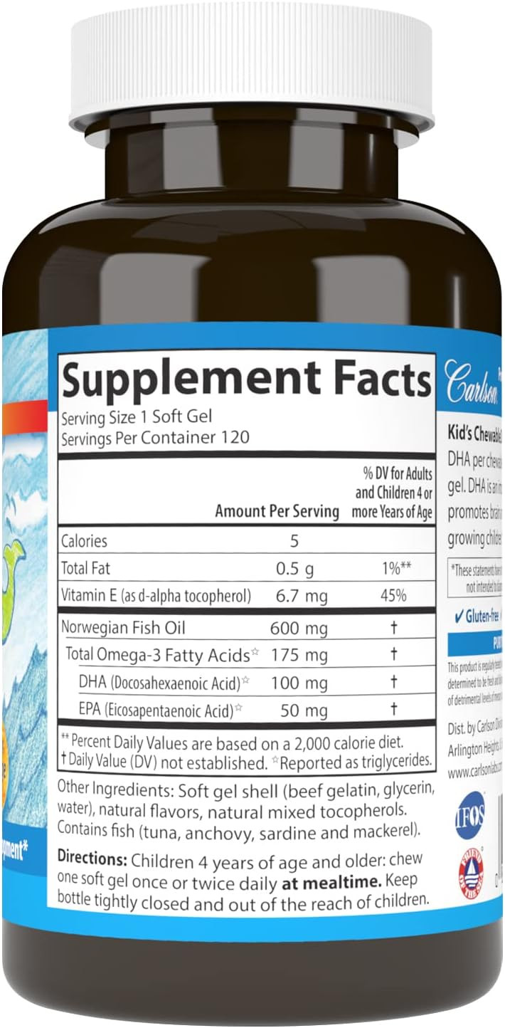 Carlson - Kid'S Chewable Dha, 100 Mg Dha, Brain Health, Vision Function, Growth & Development, Orange, 180 Chewable Softgels