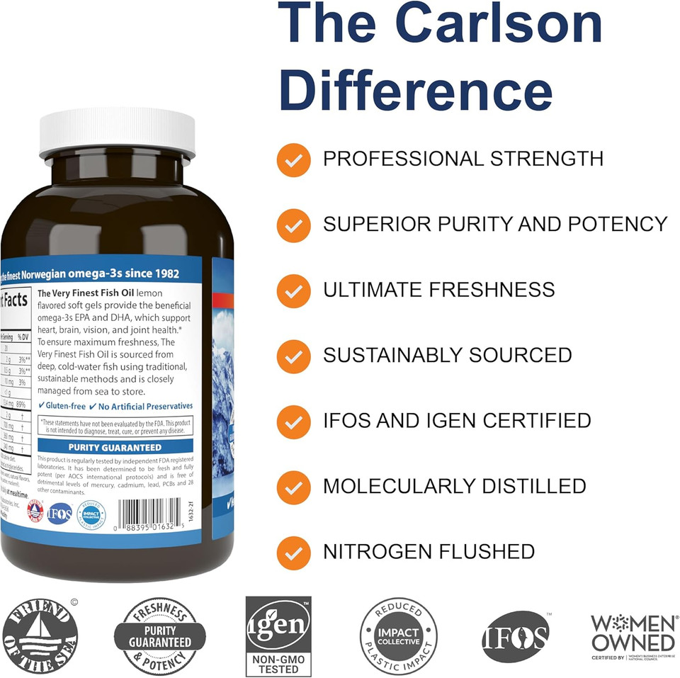 Carlson - The Very Finest Fish Oil, 700 Mg Omega-3S, Norwegian Fish Oil Supplement, Wild Caught Omega 3 Fish Oil, Sustainably Sourced Fish Oil Capsules, Omega 3 Supplement, Lemon, 240 Softgels
