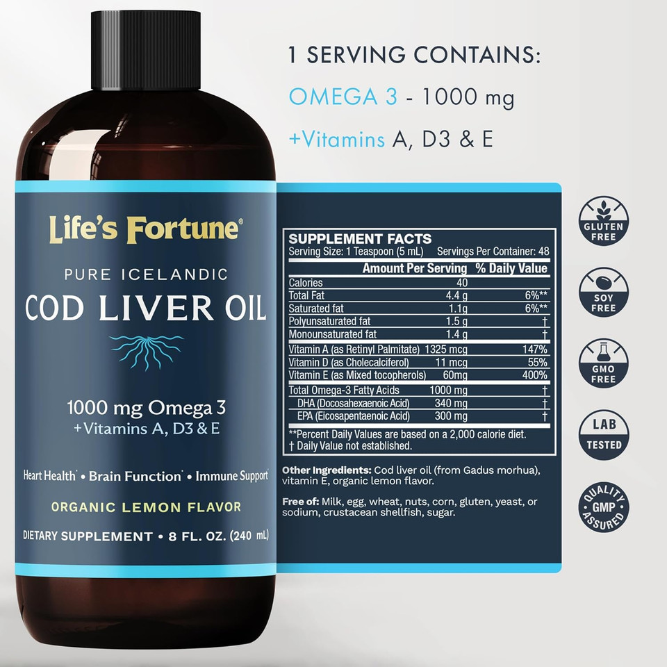 Life'S Fortune Cod Liver Oil Liquid, 1000 Mg Omega-3S, Organic Lemon Flavor Supplement - High Potency Fish Oil With Dha & Epa, Vitamin A, D - Immune Health, Joints, Vision, Skin Non-Gmo, 8 Fl Oz