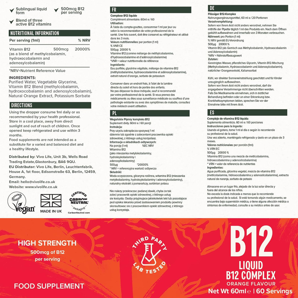 Vivo Life - Vitamin B12 Complex, High Potency Health Supplement, Orange Flavor Liquid Drops, 60Ml, 60 Servings