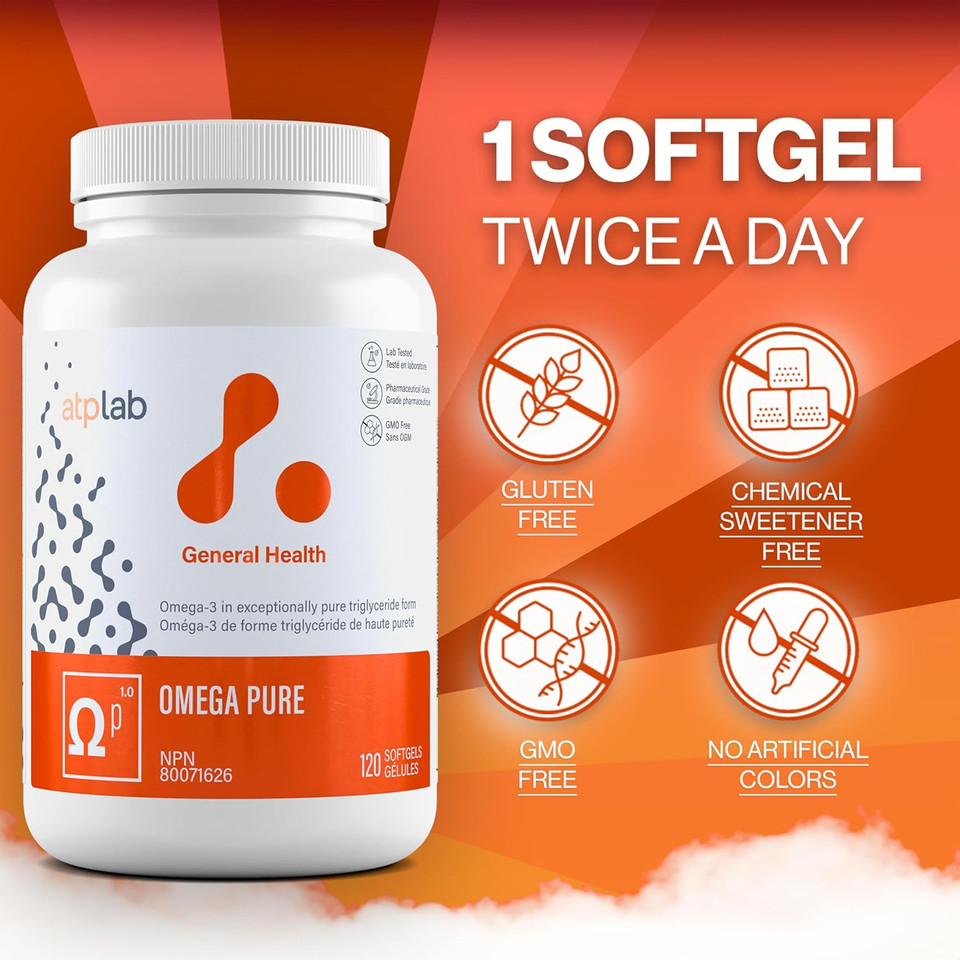 Atp Lab - Omega Pure 120 Softgels 60-Day Supply - Omega-3 In Exceptionally Pure Triglyceride Form - Helps Support Cognitive Health, Brain Function And Cardiovascular Health - Gluten-Free And Non-Gmo