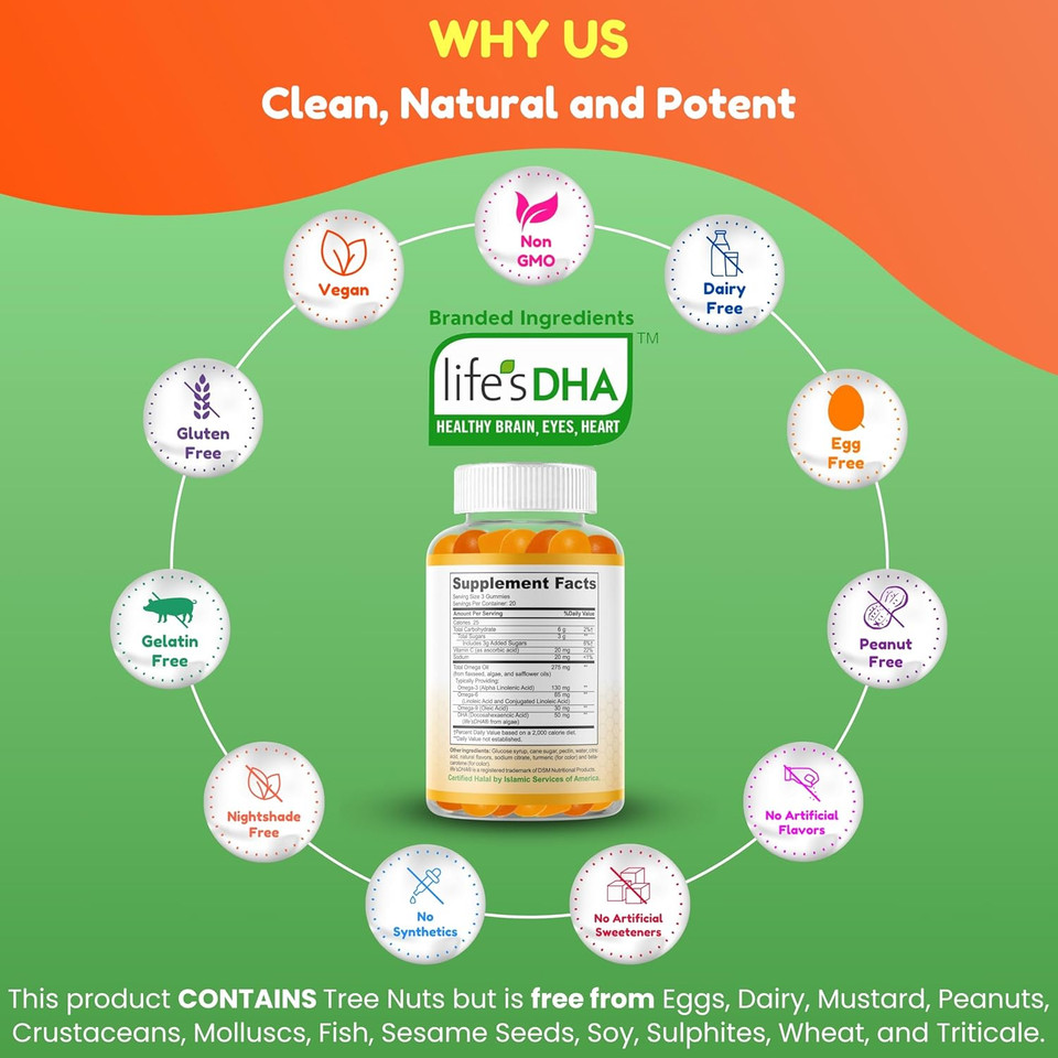 Vegan Omega 3 Gummies For Adults | No Fish Oil Burps | 60 Gummies | Plant Based W/Chia Oil, Algae | Omega 3 6 9 W/Dha, Vitamin C | For Brain, Cardiovascular & Immune Support Halal