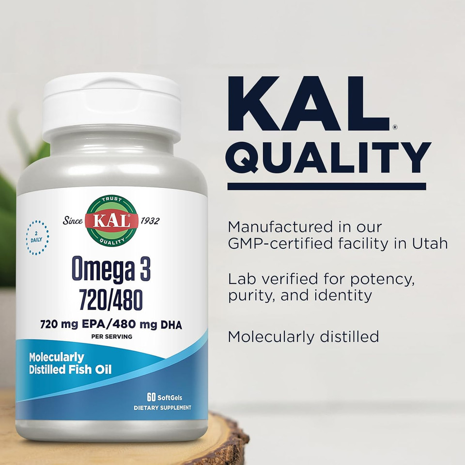 Kal Omega 3 Fish Oil 2,400 Mg - 720/480 Epa Dha Supplements - Eye, Brain, And Joint Support Supplement - Molecularly Distilled And Lab Verified - 60-Day Guarantee - 30 Servings, 60 Softgels