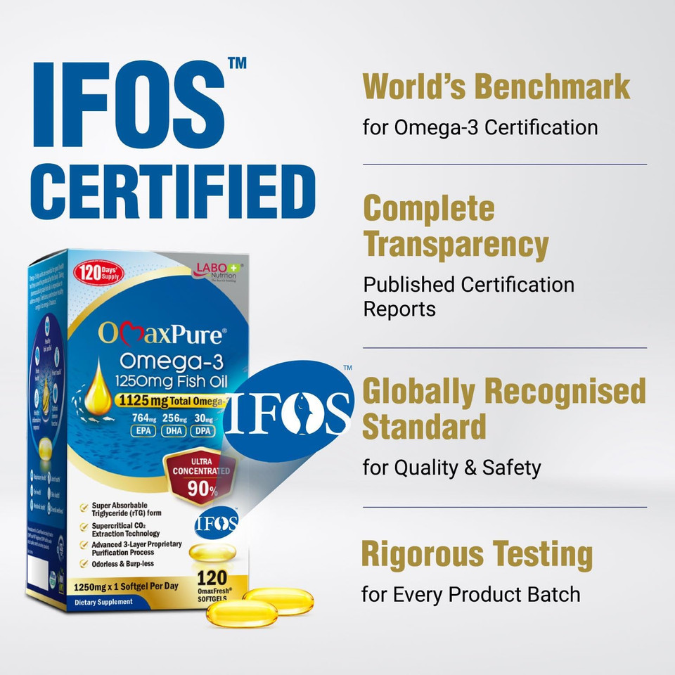 Labo Nutrition Omaxpure Omega3 Fish Oil - 1125Mg Omega 3 Ifos Certified - High Potency Rtg Omega Fish Oil Supplement With Dha & Epa - 120 Softgels