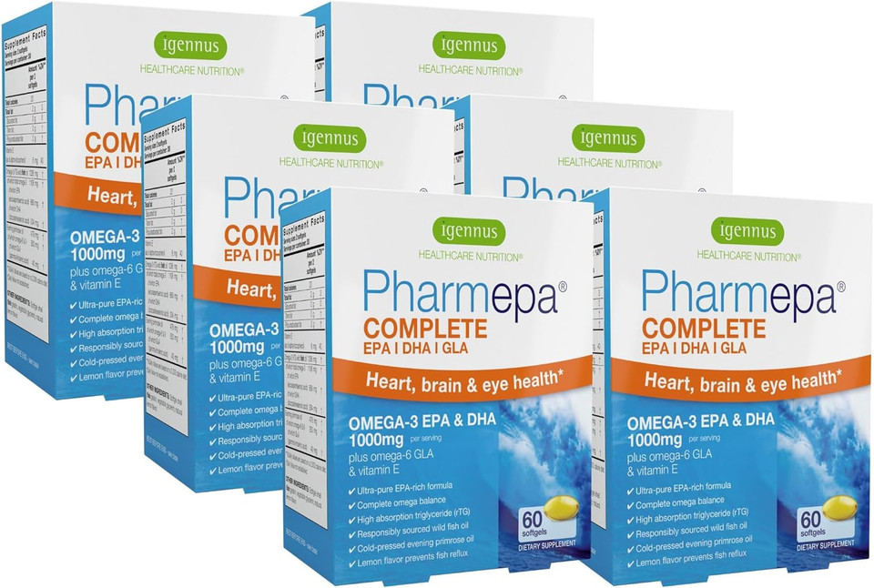 Igennus Pharmepa Complete Epa 668Mg & Dha 334Mg Omega-3 Fatty Acids 1000Mg, Rtg Form, High Potency Fish Oil Plus Omega-6 & 9 From Gla Evening Primrose Oil, Ifos Certified, Lemon Flavor, 360 Softgels