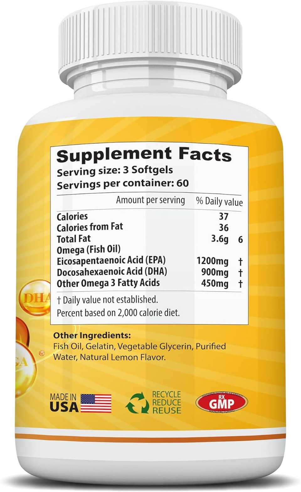 Omega 3 Fish Oil 3750Mg Triple Strength | Epa 1200Mg + Dha 900Mg Fatty Acids | Fish Oil Omega 3 Supplement | Promotes Healthy Heart, Immune System, Eyes, Skin & Brain Function | 180 Burpless Softgels
