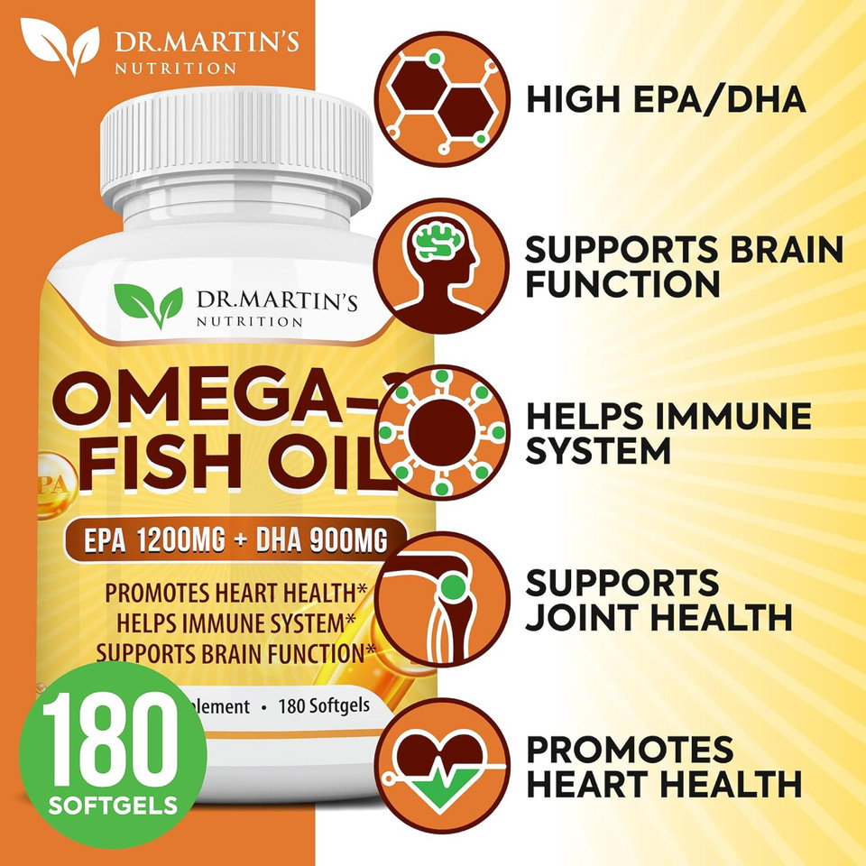 Omega 3 Fish Oil 3750Mg Triple Strength | Epa 1200Mg + Dha 900Mg Fatty Acids | Fish Oil Omega 3 Supplement | Promotes Healthy Heart, Immune System, Eyes, Skin & Brain Function | 180 Burpless Softgels
