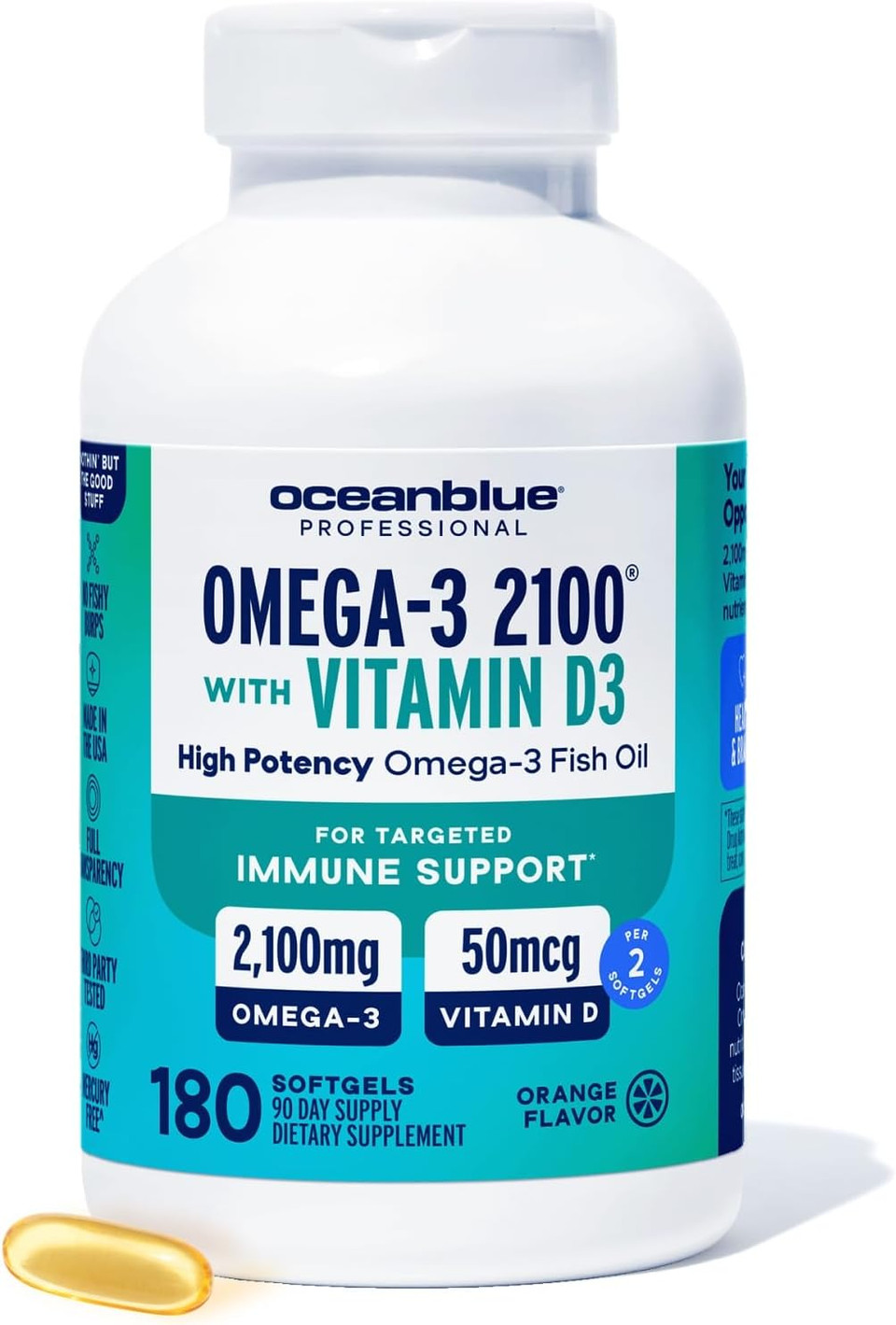 Oceanblue Professional Omega-3 2100 With Vitamin D3  180 Ct  Triple Strength Burpless Fish Oil Supplement With High-Potency Epa, Dha, Dpa  Wild-Caught  Orange Flavor (90 Servings)