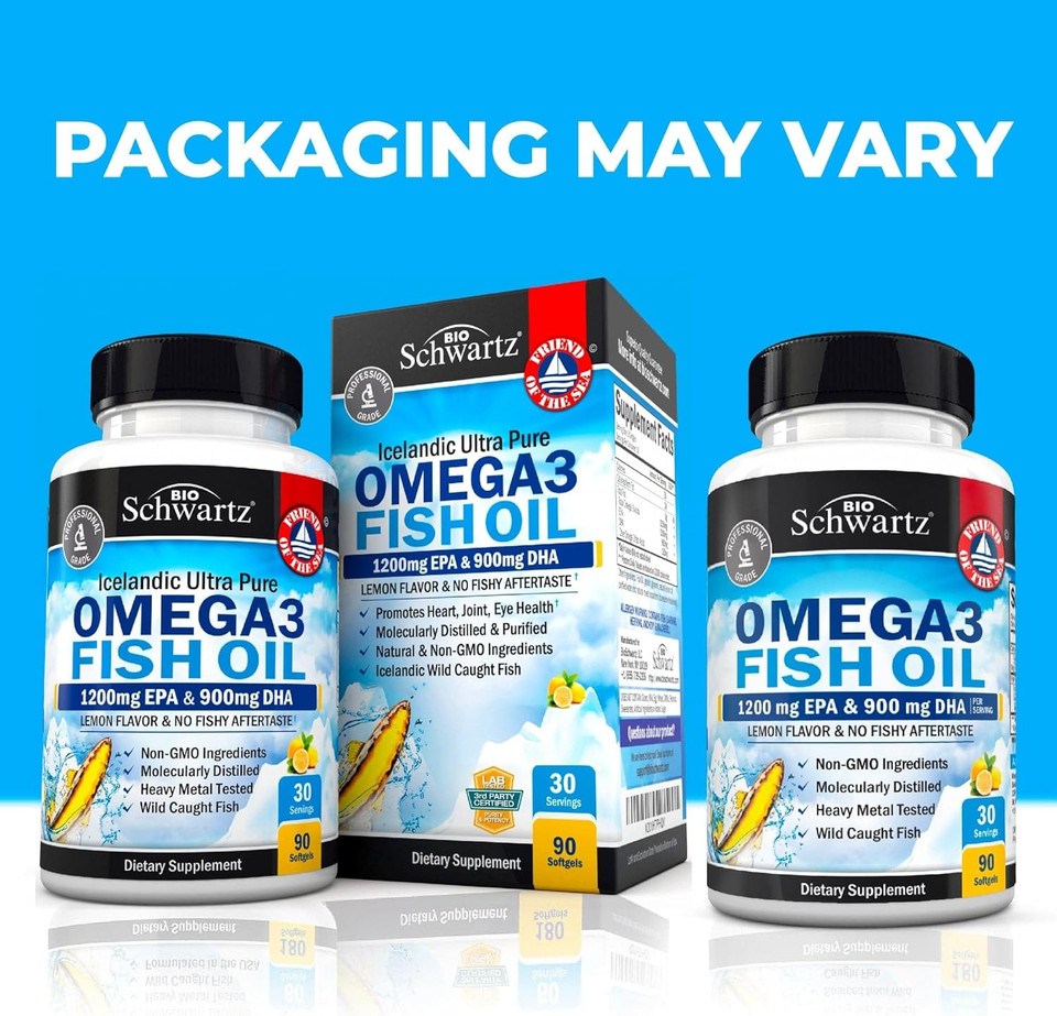 Triple Strength Omega 3 Fish Oil Supplement - 2250Mg Epa Dha Omega 3 Fatty Acids From Fresh Wild Caught Fish, Burpless Lemon Flavor Formula Supports Eye Health And More, Gluten Free, 90 Softgels