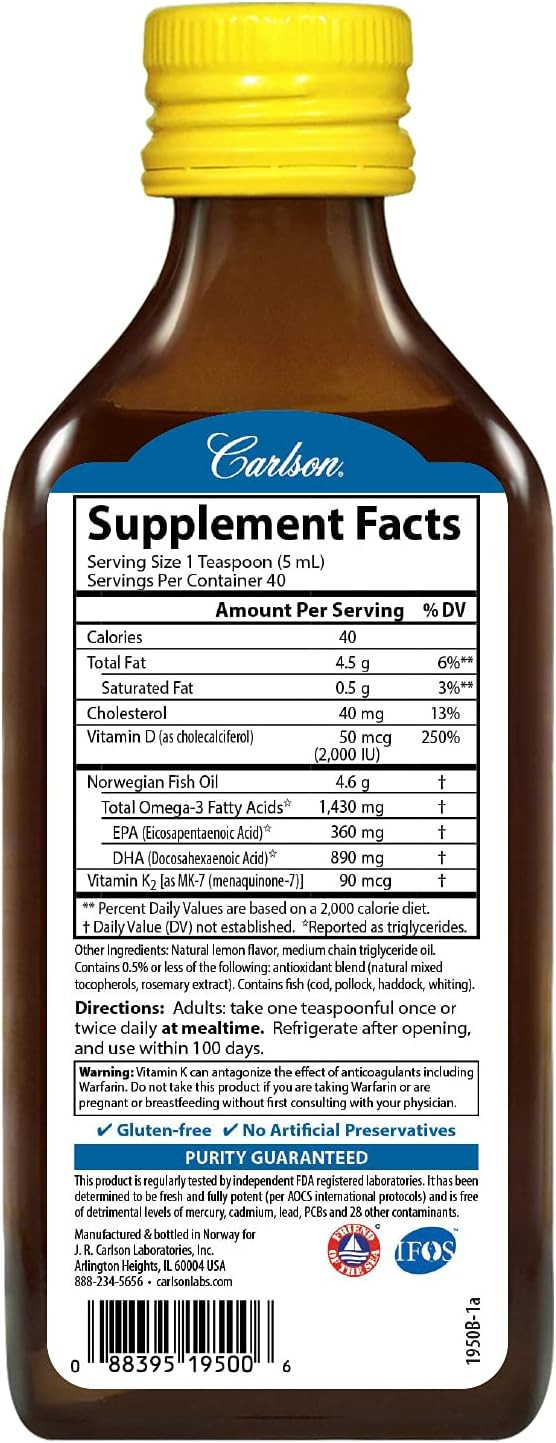 Carlson - Omega-3 + D & K, 1430 Mg Omega-3S, 2000 Iu (50 Mcg) D3, 90 Mcg K2 As Mk-7, Heart Health, Bone Support, Lemon, 200 Ml