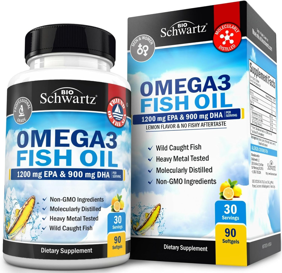 Triple Strength Omega 3 Fish Oil Supplement - 2250Mg Epa Dha Omega 3 Fatty Acids From Fresh Wild Caught Fish, Burpless Lemon Flavor Formula Supports Eye Health And More, Gluten Free, 180 Softgels