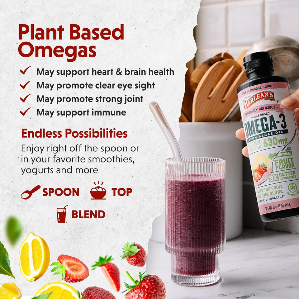 Barlean'S Pink Lemonade Vegan Omega 3 Supplement, Liquid Algae Oil With 630 Mg Epa & Dha, Plant Based Omegas From Algal Oil, Non-Gmo & Gluten Free, 16 Oz