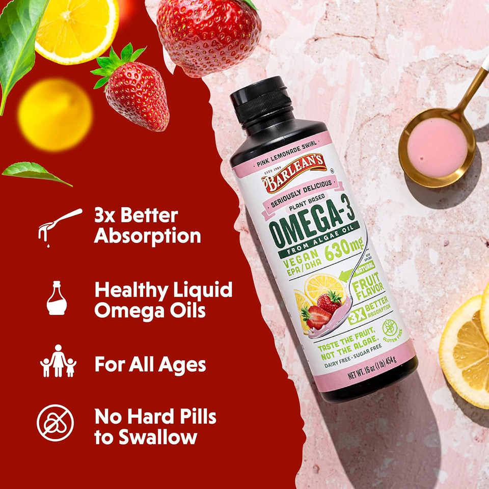 Barlean'S Pink Lemonade Vegan Omega 3 Supplement, Liquid Algae Oil With 630 Mg Epa & Dha, Plant Based Omegas From Algal Oil, Non-Gmo & Gluten Free, 16 Oz