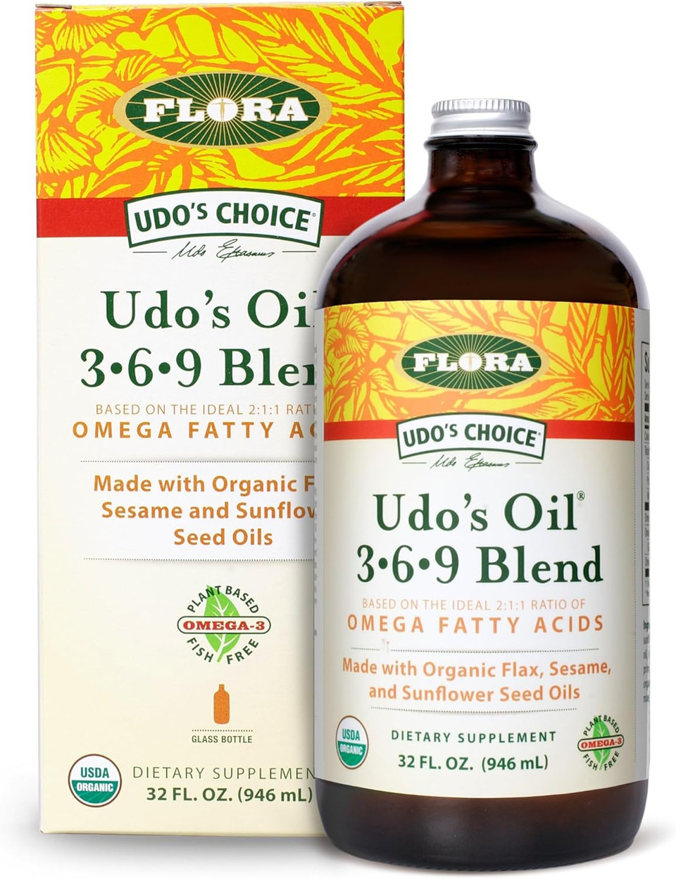 Flora Udo'S Oil 3-6-9 Blend - Vegan Omega-3 & Omega-6 - Contains Organic Coconut & Flax Seed Oil - Keep Chilled - 32 Fl. Oz