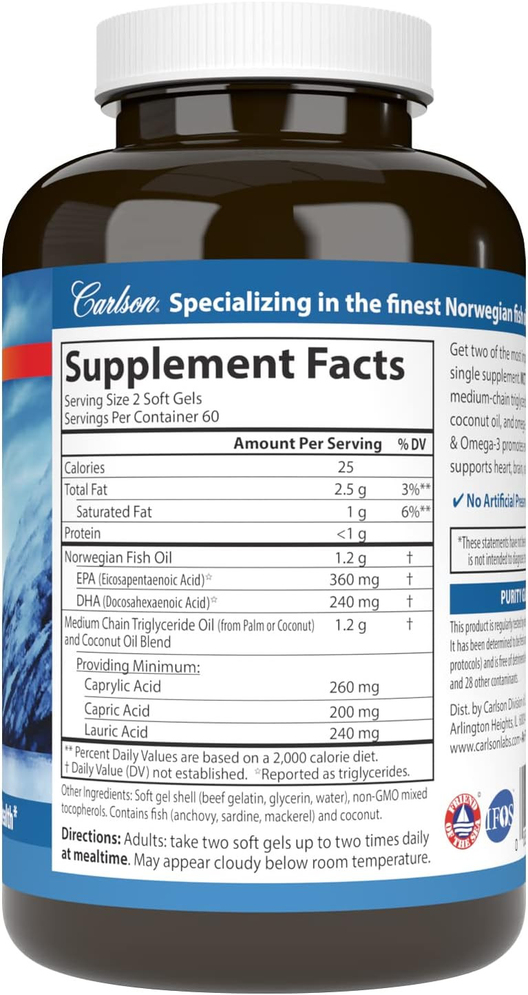 Carlson - Mct & Omega-3, Coconut Oil, Caprylic & Capric Acids, Epa & Dha, Energy Production, Fat Metabolism & Brain Health, 60 Softgels