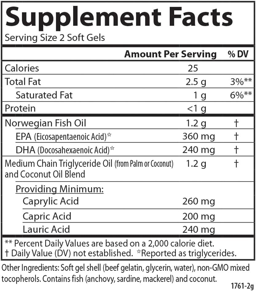Carlson - Mct & Omega-3, Coconut Oil, Caprylic & Capric Acids, Epa & Dha, Energy Production, Fat Metabolism & Brain Health, 60 Softgels