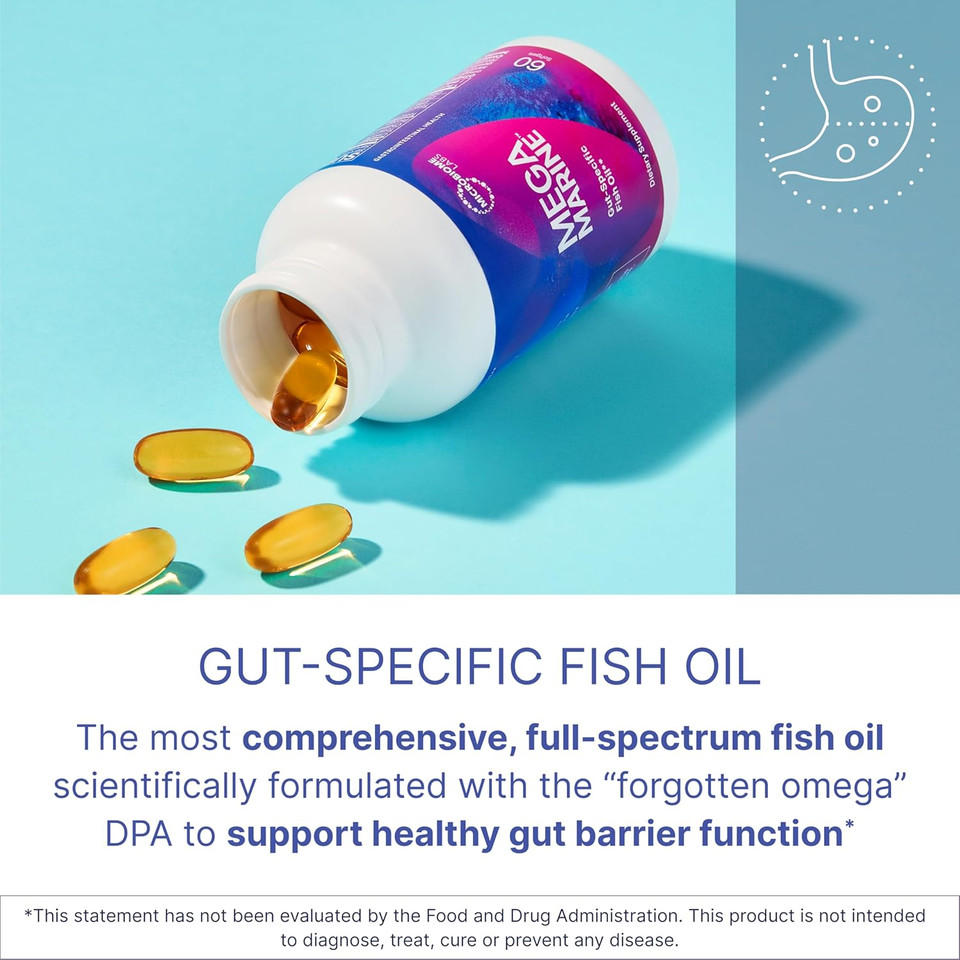 Microbiome Labs Megamarine Omega 3 Fish Oil Supplements - Gut-Specific Epa Dha Omega 3 Supplement With Dpa For Gut Health - Support Immune & Gut Barrier Function (60 Softgels)