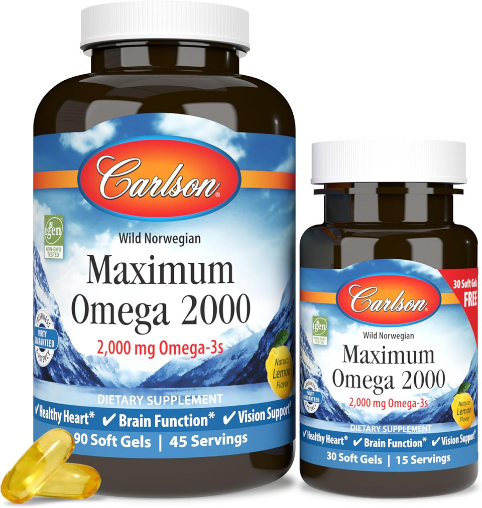 Carlson - Maximum Omega 2000, 2000 Mg Omega-3 Fatty Acids Including Epa And Dha, Wild-Caught, Norwegian Fish Oil Supplement, Sustainably Sourced Fish Oil Capsules, Lemon, 60 Softgels