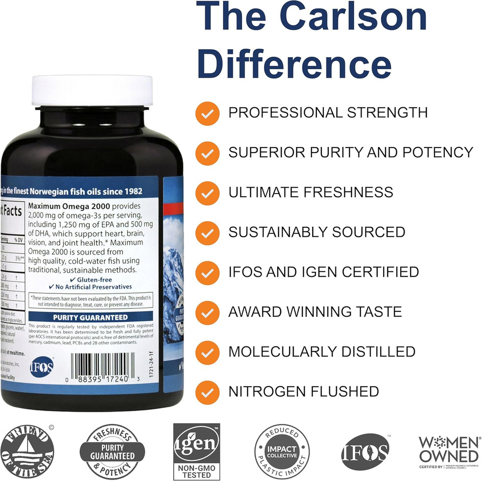 Carlson - Maximum Omega 2000, 2000 Mg Omega-3 Fatty Acids Including Epa And Dha, Wild-Caught, Norwegian Fish Oil Supplement, Sustainably Sourced Fish Oil Capsules, Lemon, 60 Softgels