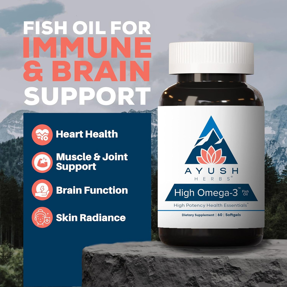 Ayush Herbs High Omega 3 - Omega 3 Fish Oil, 1000Mg Per Capsule, Epa & Dha Fish Oil Supplement For Women & Men, Natural Lemon Flavor - 60 Softgel Capsules (1 Count) Ayush Herbs High Omega 3 - Omega 3 Fish Oil, 1000Mg Per Capsule, Epa & Dha Fish Oil Supplement For Women & Men, Natural Lemon Flavor - 60 Softgel Capsules (1 Count)