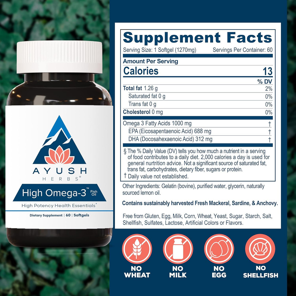 Ayush Herbs High Omega 3 - Omega 3 Fish Oil, 1000Mg Per Capsule, Epa & Dha Fish Oil Supplement For Women & Men, Natural Lemon Flavor - 60 Softgel Capsules (1 Count) Ayush Herbs High Omega 3 - Omega 3 Fish Oil, 1000Mg Per Capsule, Epa & Dha Fish Oil Supplement For Women & Men, Natural Lemon Flavor - 60 Softgel Capsules (1 Count)