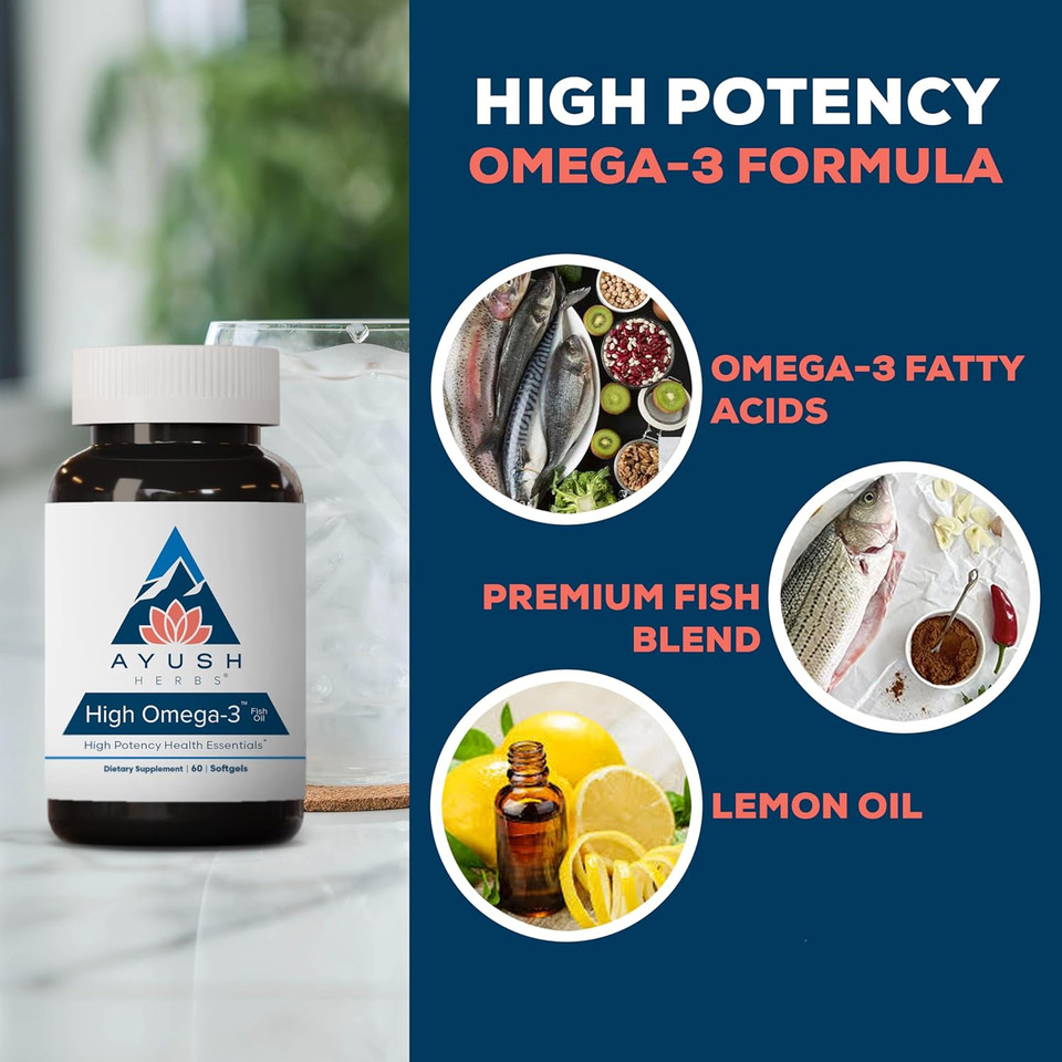 Ayush Herbs High Omega 3 - Omega 3 Fish Oil, 1000Mg Per Capsule, Epa & Dha Fish Oil Supplement For Women & Men, Natural Lemon Flavor - 60 Softgel Capsules (1 Count) Ayush Herbs High Omega 3 - Omega 3 Fish Oil, 1000Mg Per Capsule, Epa & Dha Fish Oil Supplement For Women & Men, Natural Lemon Flavor - 60 Softgel Capsules (1 Count)
