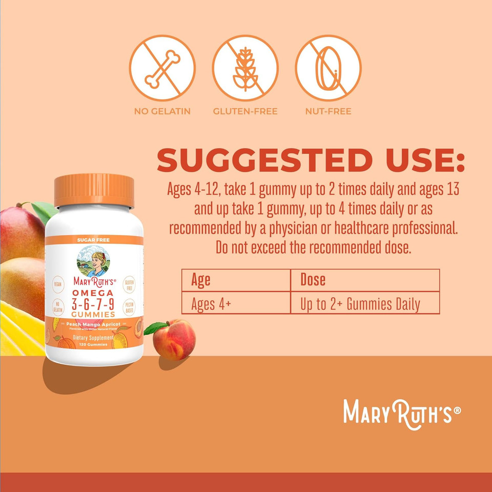 Maryruth Organics Vegan Omega 3 6 7 9 Gummies | Up To 4 Month Supply | Omega 3 Supplement With Flaxseed Oil | Omega 3 Gummies | No Fish Taste | Non-Gmo | 120 Count
