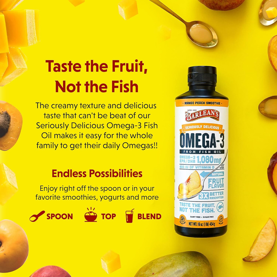 Barlean'S Mango Peach Omega 3 Fish Oil Liquid Supplement With Vitamin D, 1080Mg Epa & Dha Fatty Acid, Smoothie Flavored & Burpless For Brain, Joint, & Heart Health, 8 Oz