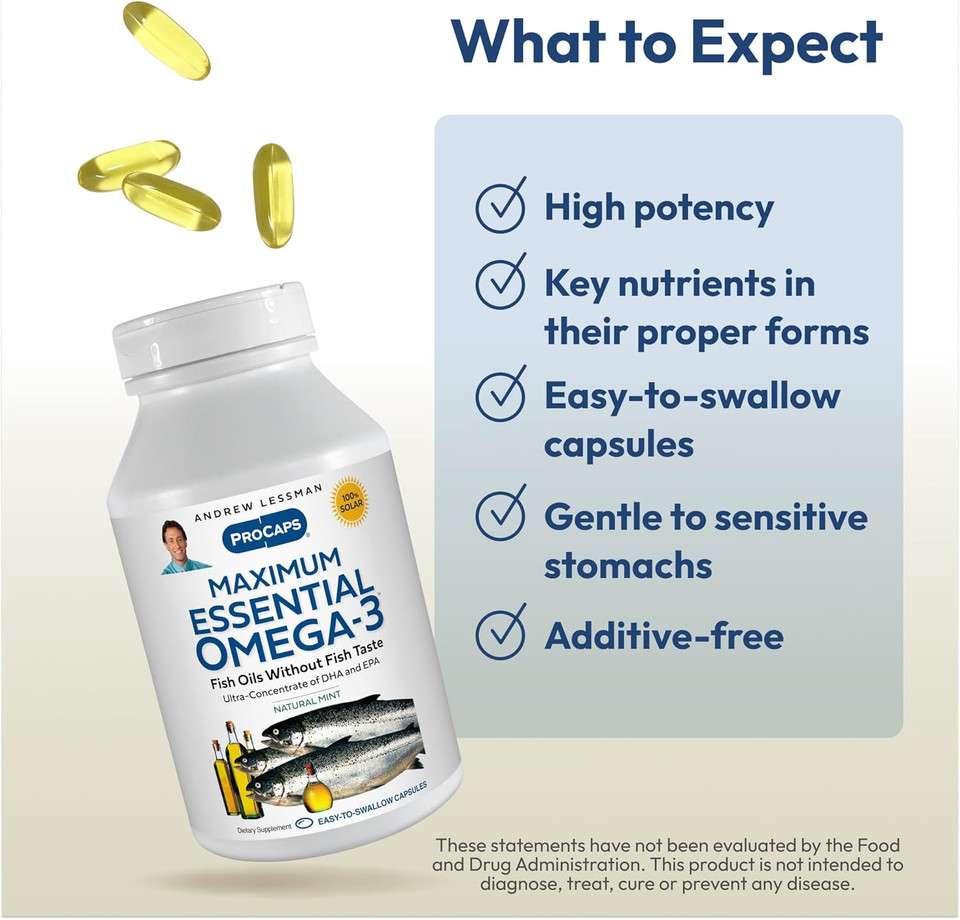 Andrew Lessman Maximum Essential Omega-3 Mint - 180 Softgels - Ultra-Pure, High Potency Omega-3 Oils. High Dha, No Stomach Upset, No Contaminants, No Mercury. Small Easy To Swallow Softgels