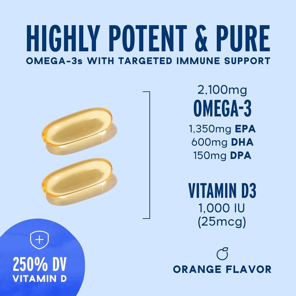 Oceanblue Professional Omega-3 2100 With Vitamin D3  120 Ct  Triple Strength Burpless Fish Oil Supplement With High-Potency Epa, Dha, Dpa And Vitamin D3  Wild-Caught  Orange Flavor (60 Servings)