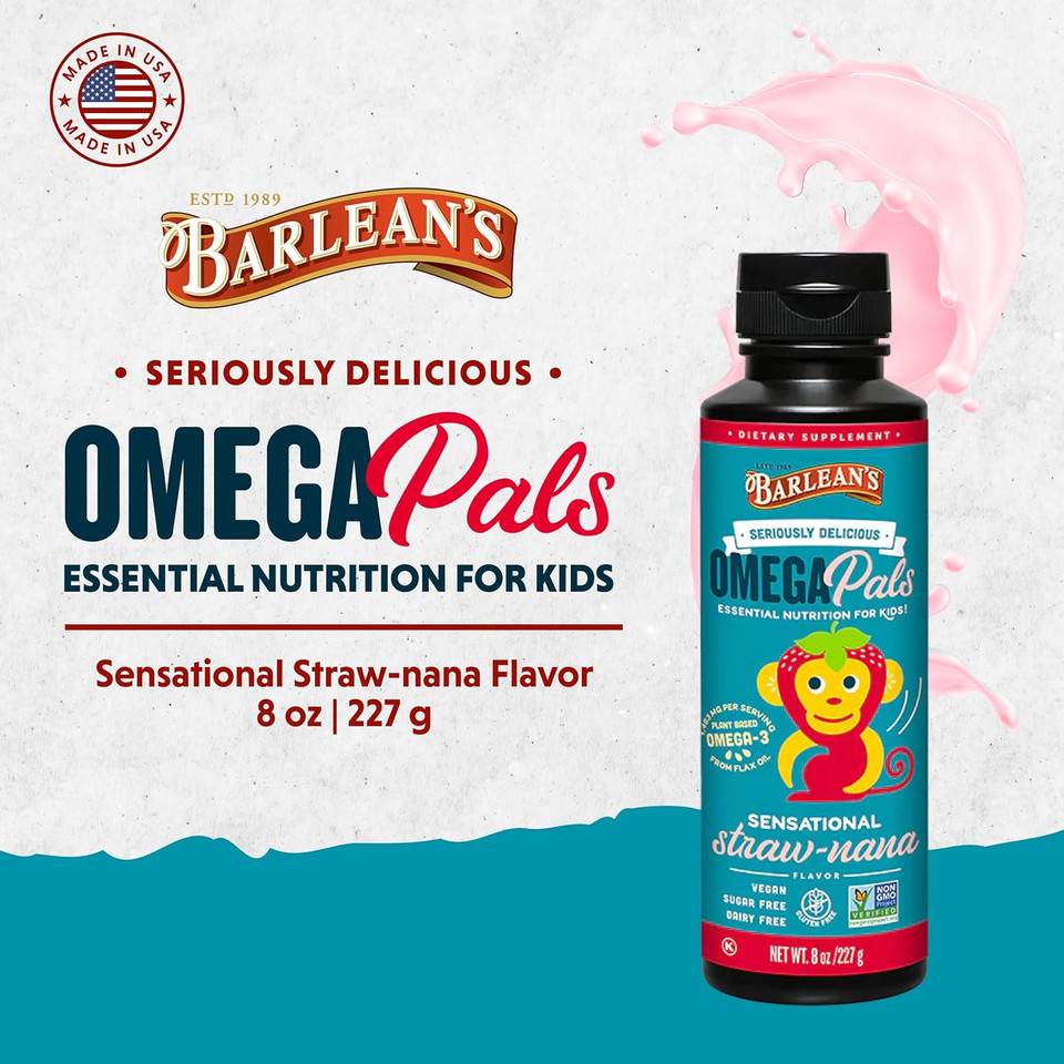 Barlean'S Omega Pals Omega 3 For Kids, Yummy Straw-Nana Flavored Children'S Liquid Flax Seed Oil Supplement With 1,483 Mg Ala, Non-Gmo, Vegan Brain And Eye Health, 8 Oz Barlean'S Omega Pals Omega 3 For Kids, Yummy Straw-Nana Flavored Children'S Liquid Flax Seed Oil Supplement With 1,483 Mg Ala, Non-Gmo, Vegan Brain And Eye Health, 8 Oz