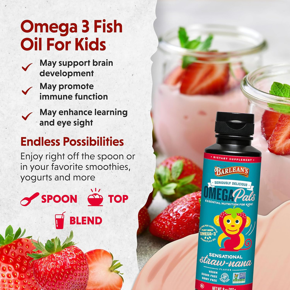 Barlean'S Omega Pals Omega 3 For Kids, Yummy Straw-Nana Flavored Children'S Liquid Flax Seed Oil Supplement With 1,483 Mg Ala, Non-Gmo, Vegan Brain And Eye Health, 8 Oz Barlean'S Omega Pals Omega 3 For Kids, Yummy Straw-Nana Flavored Children'S Liquid Flax Seed Oil Supplement With 1,483 Mg Ala, Non-Gmo, Vegan Brain And Eye Health, 8 Oz