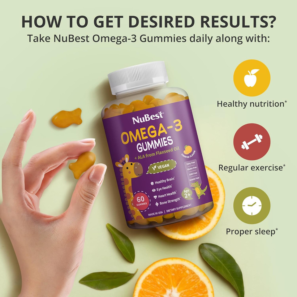 Nubest Omega 3 Gummies For Kids & Teens With Flaxseed Oil | Supports Brain Growth, Mental Clarity, Focus, And Eye Health | No Added Sugar | Orange Flavor | 60 Premium Vegan Gummies | 1 Month Supply