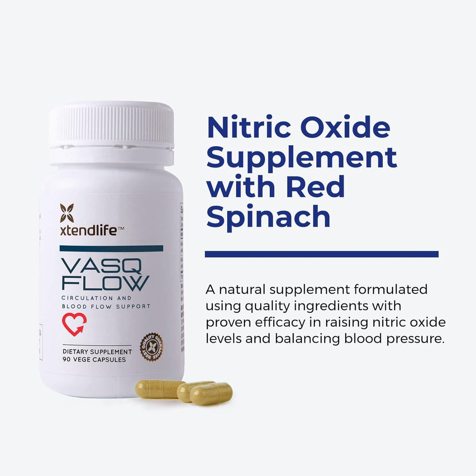 Xtendlife Vasqflow Natural Nitric Oxide Booster Supplement - Circulation & Blood Flow Support With Red Spinach Extract & Aged Garlic - Energy, Heart Health, Muscle Support - 1 Month Supply (90 Count)